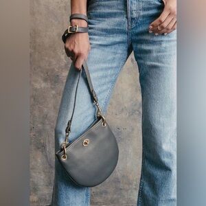 JW Hulme Small Demi Lune Half Moon Luxury Full Grain Leather Crossbody Grey Bag
